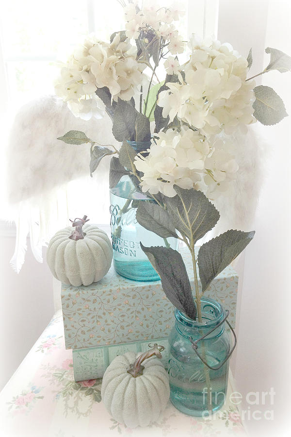 Dreamy Shabby Chic Pastel White Hydrangeas In Aqua Mason Jars - Autumn Fall Cottage Floral Decor Photograph by Kathy Fornal