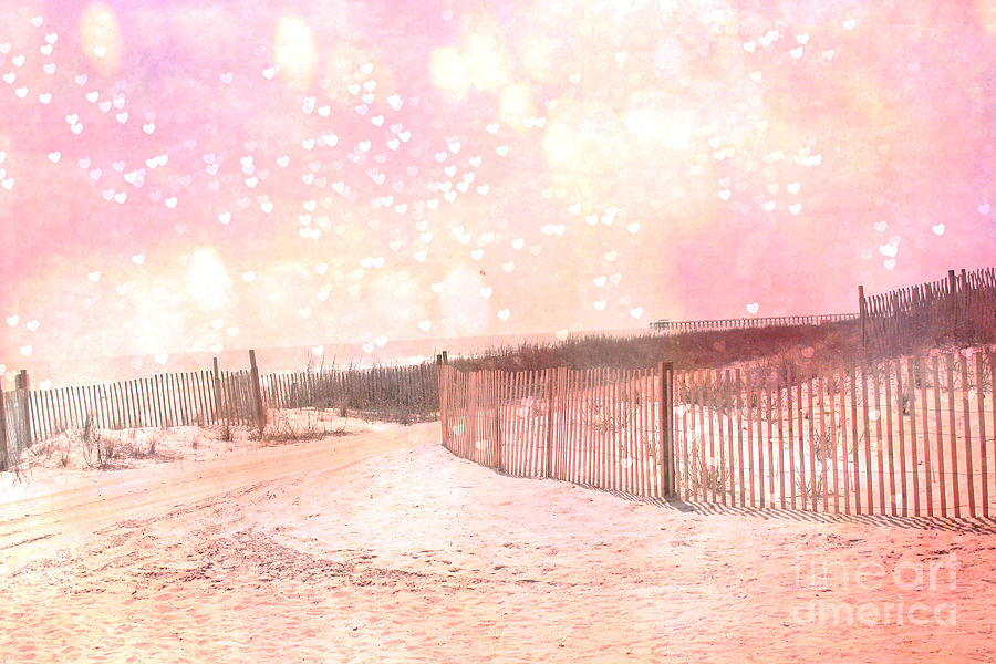 Dreamy Shabby Chic Pink Beach Coastal Art With Hearts and Bokeh Circles - Pastel Pink Beach Art Photograph by Kathy Fornal