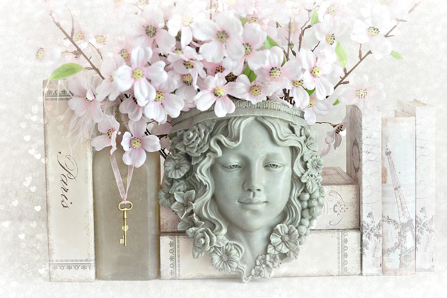 Dreamy Shabby Chic Pink Blossoms Paris Books Floral Art  - Romantic Paris Shabby Chic Pink Floral Photograph by Kathy Fornal