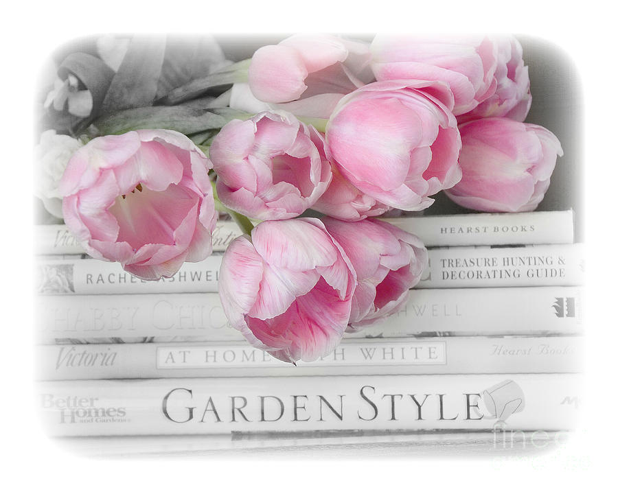 Dreamy Shabby Chic Pink Pastel Tulips - Pink Tulips Cottage Garden Books Decor Photograph by Kathy Fornal