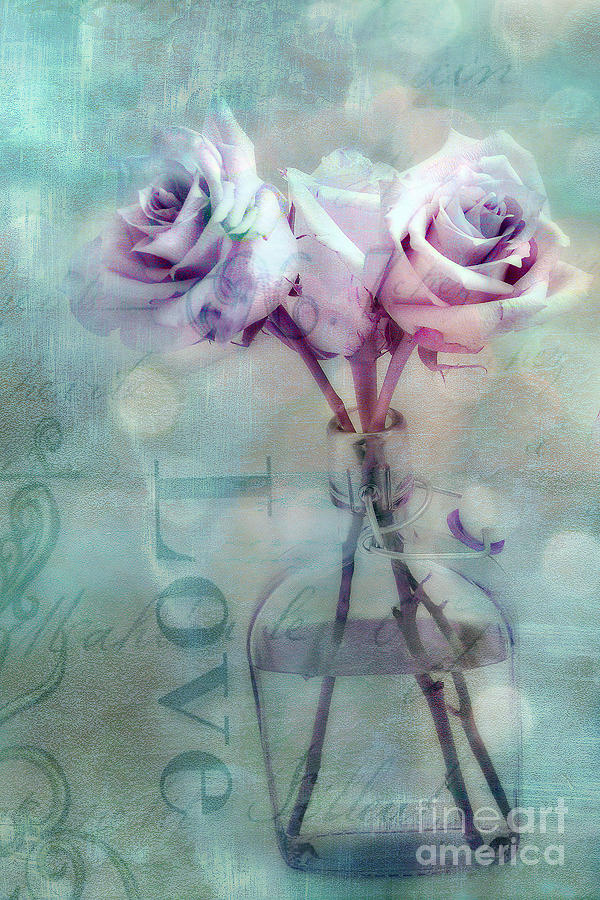 Rose Digital Art - Impressionistic Shabby Chic Lavender Pink Roses Teal Aqua Romantic Pink Aqua Teal Love Roses by Kathy Fornal