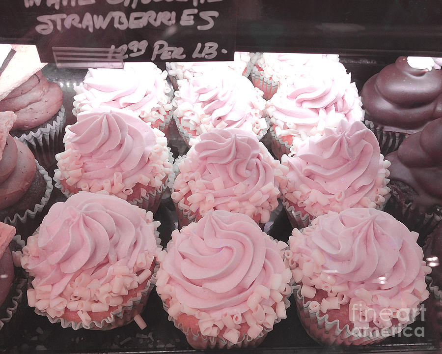 Dreamy Shabby Chic Pink Strawberry Cupcakes - Cottage Pink Cupcakes Food Photography  Photograph by Kathy Fornal