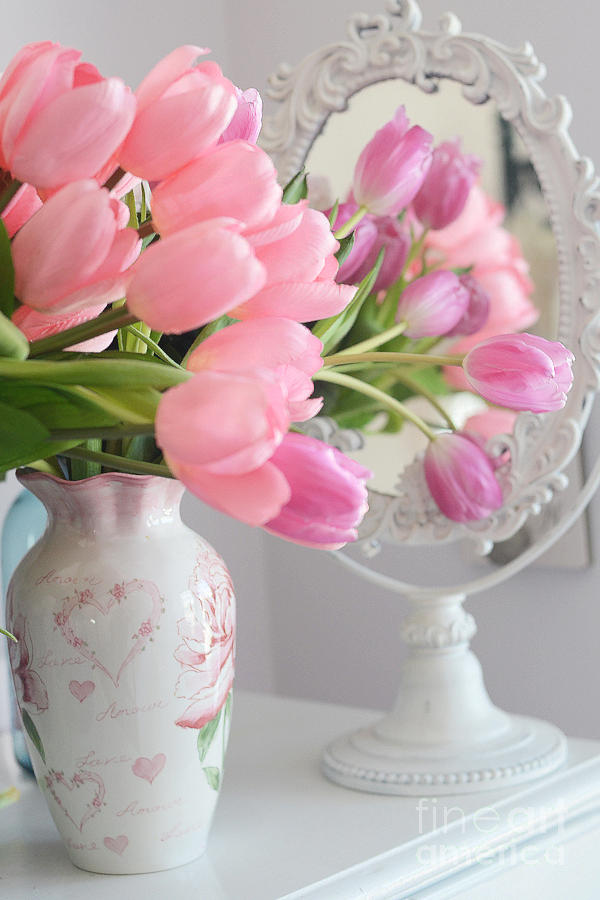 Shabby Chic Flowers Photograph - Dreamy Shabby Chic Pink Tulips In Mirror - Romantic Cottage Chic Pink Tulips by Kathy Fornal