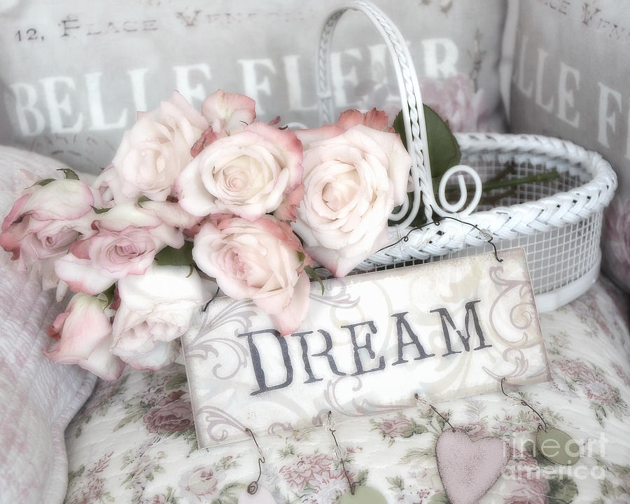 Dreamy Shabby Chic Romantic Cottage Chic Roses In White Basket  Photograph by Kathy Fornal