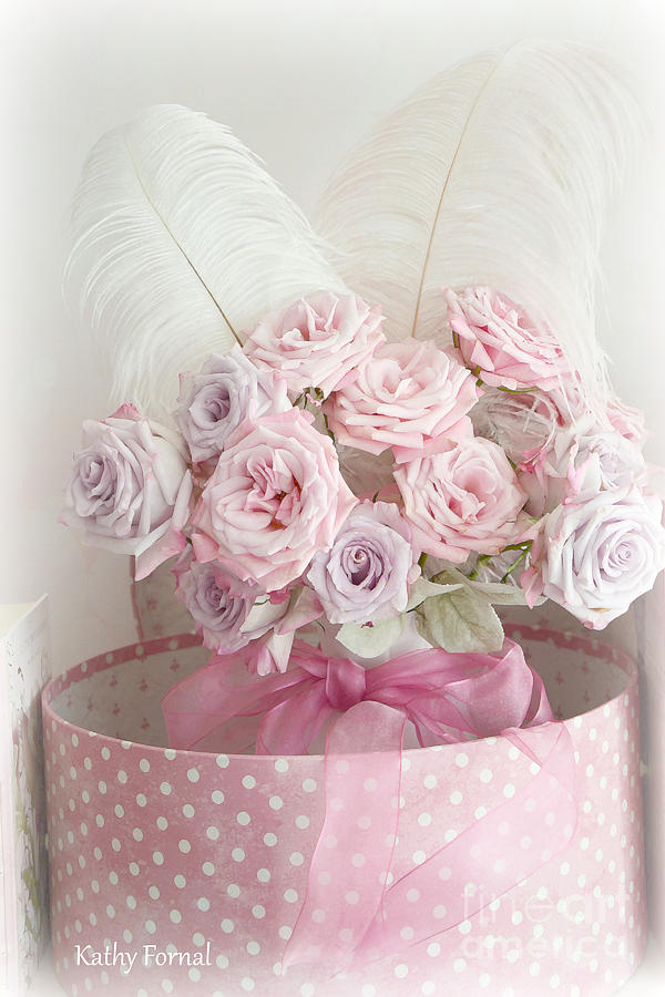 Pink Flowers Photograph - Dreamy Shabby Chic Roses In Pink Polka Dot Hat Box - Romantic Roses Floral Bouquet by Kathy Fornal