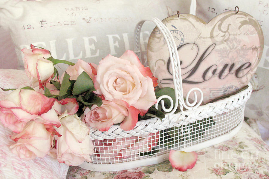 Rose Photograph - Dreamy Shabby Chic Roses In Cottage White Basket - Roses and Love Heart by Kathy Fornal