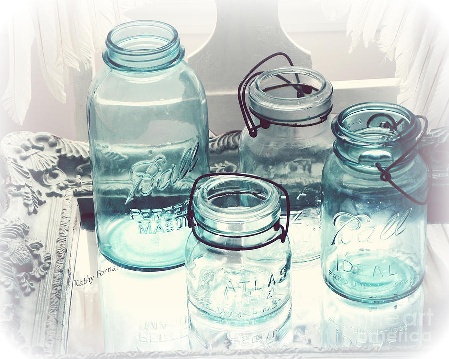 Vintage Photograph - Dreamy Shabby Chic Vintage Ball Mason Atlas Jars - Aqua Blue Vintage Mason Ball Jars by Kathy Fornal