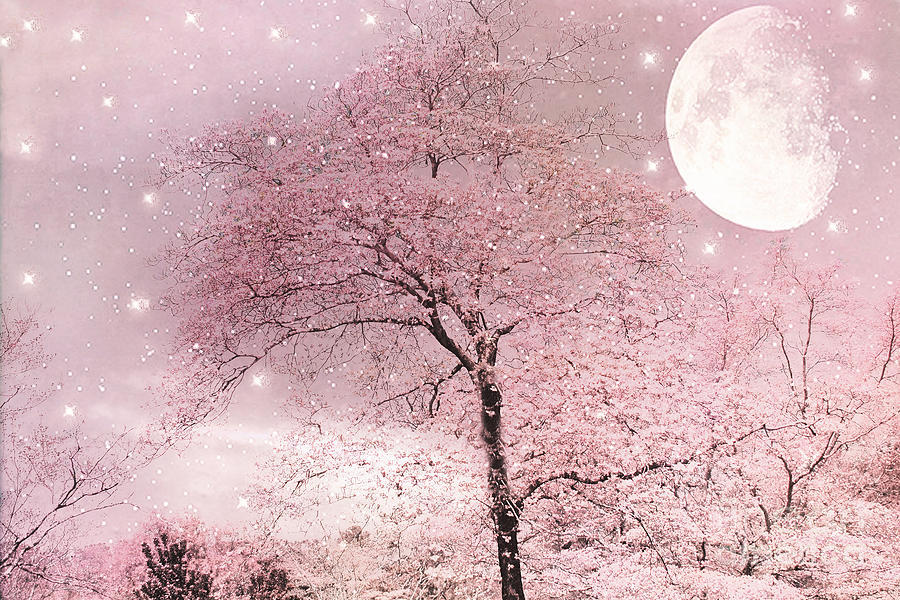 Dreamy Surreal Pink Fairytale Nature Trees Moon and Stars - Shabby Chic Pastel Pink Fairytale Nature Photograph by Kathy Fornal