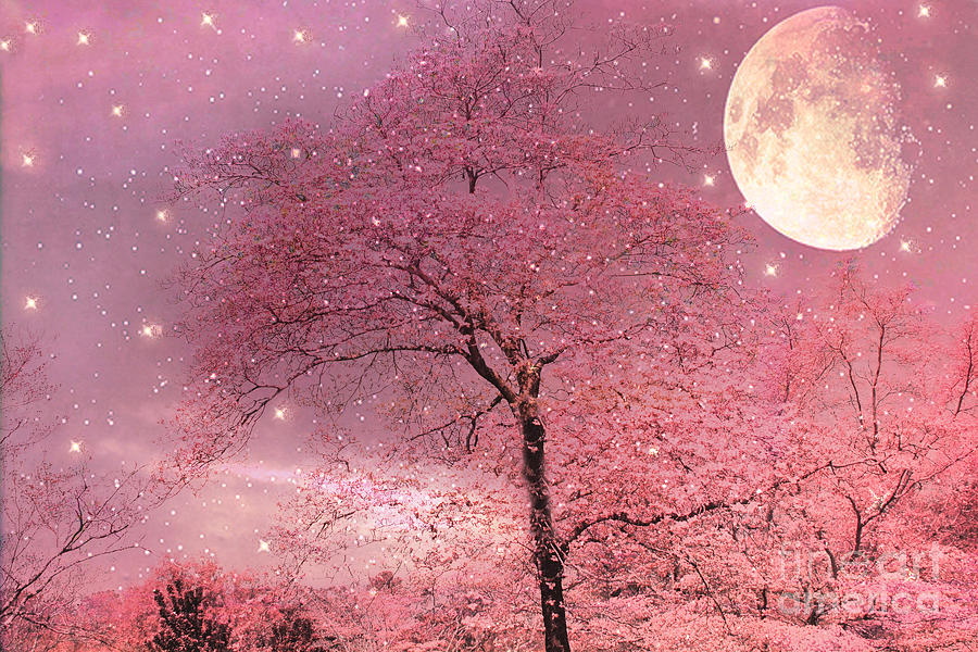 Dreamy Surreal Pink Fantasy Fairytale Nature Trees Moon and Stars Digital Art by Kathy Fornal
