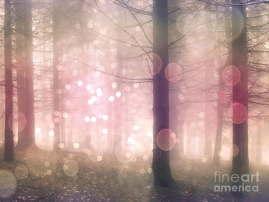 Dreamy Surreal Pink Pastel Fairytale Nature Trees With Bokeh Circles - Fantasy Pink Nature Photograph by Kathy Fornal