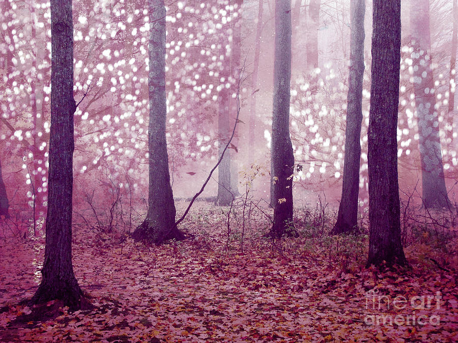 Dreamy Surreal Sparkling Twinkling Lights Pink Mauve Woodlands Tree Nature Photograph by Kathy Fornal