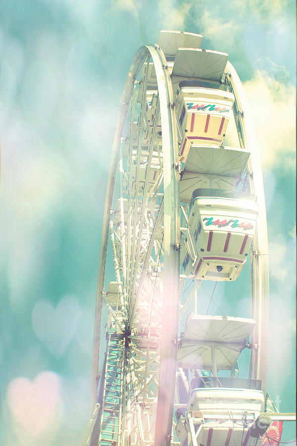Dreamy Teal Aqua Yellow Ferris Wheel Carnival Art With Hearts  Photograph by Kathy Fornal