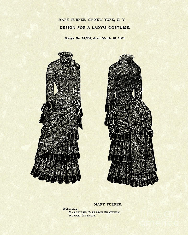 Dress Design 1884 Patent Art Drawing by Prior Art Design