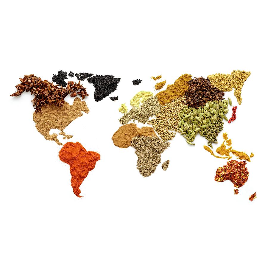 Dried Spices In World Map Shape Photograph by Science Photo Library