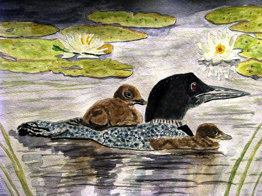 Loon Painting - Drifting Among The Waterlilies by Angela Davies