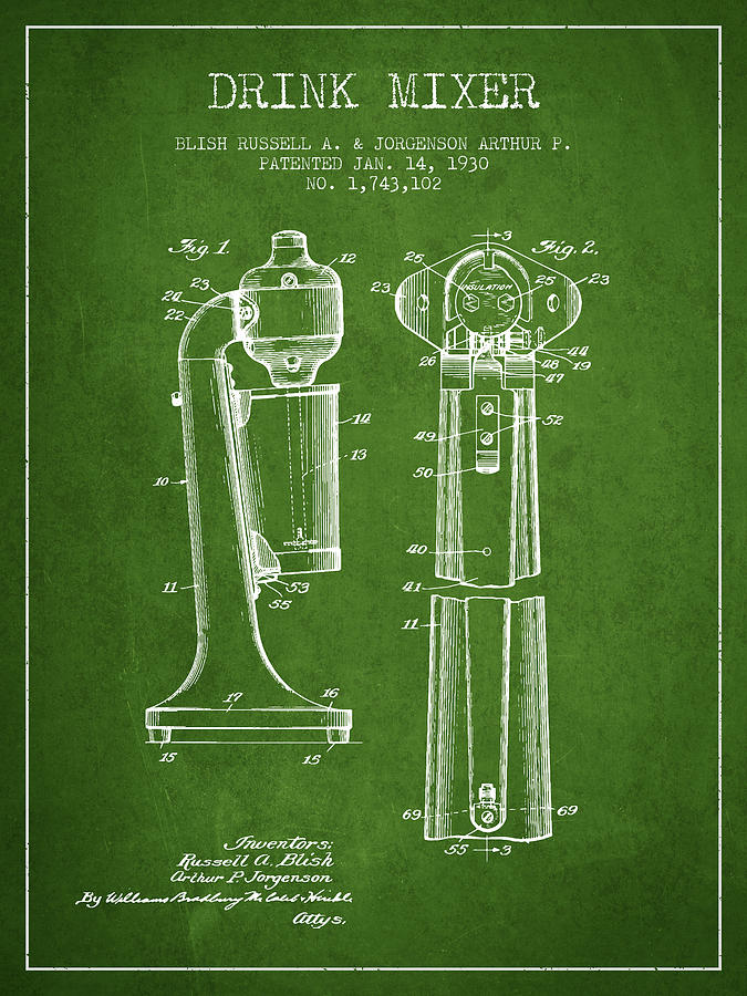 Martini Digital Art - Drink Mixer Patent from 1930 - Green by Aged Pixel