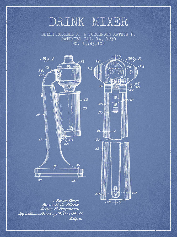 Martini Digital Art - Drink Mixer Patent from 1930 - Light Blue by Aged Pixel