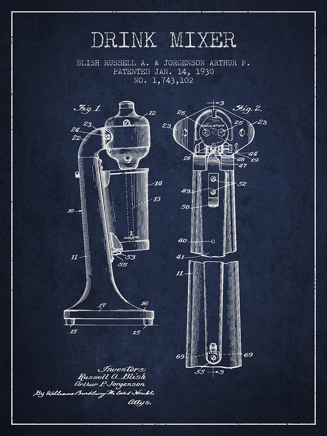 Drink Mixer Patent From 1930 - Navy Blue Digital Art