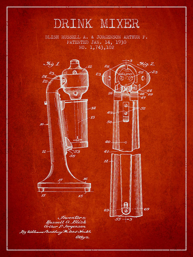 Martini Digital Art - Drink Mixer Patent from 1930 - Red by Aged Pixel