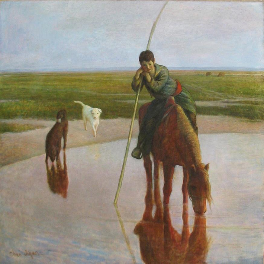 Drinking Horse Painting by Ji-qun Chen