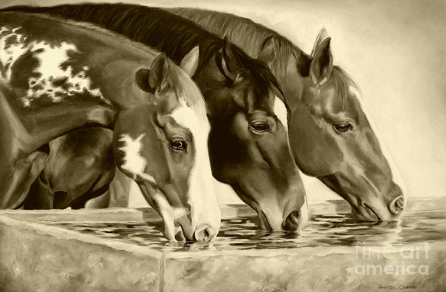 Horse Painting - Drinkn Buddies Sepia by Charice Cooper