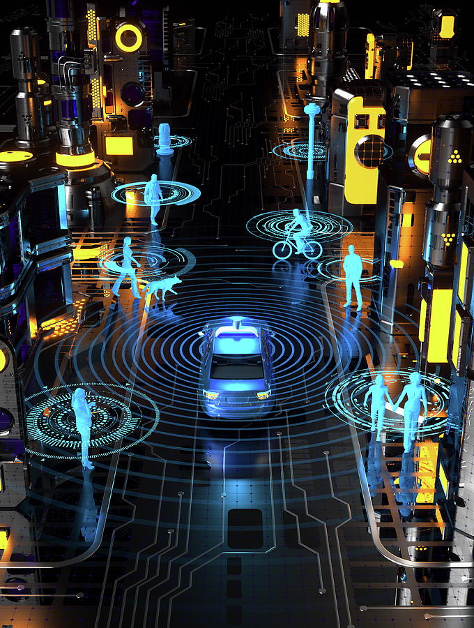 Driverless Car In Futuristic City Street Photograph by Ikon Ikon Images