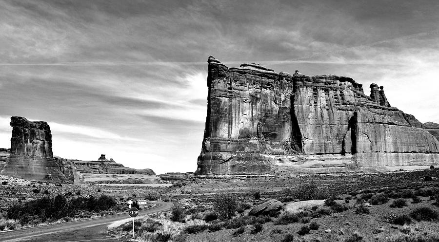 Driving Through Arches Black And White Photograph by Benjamin Yeager