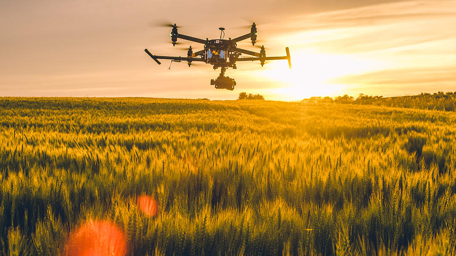 Drone flying over field at sunset Photograph by SimonSkafar