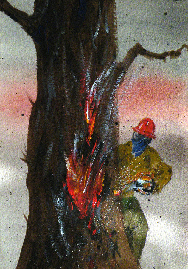 Wildland Firefighter Painting - Dropping a Burning Tree by Dan Krapf