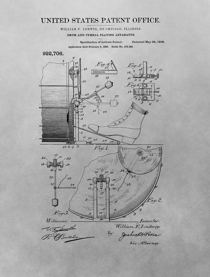 Drum Patent Drawing - Drum And Cymbal Playing Apparatus by Dan Sproul Drum Patent Drawing - Drum And Cymbal Playing Apparatus by Dan Sproul