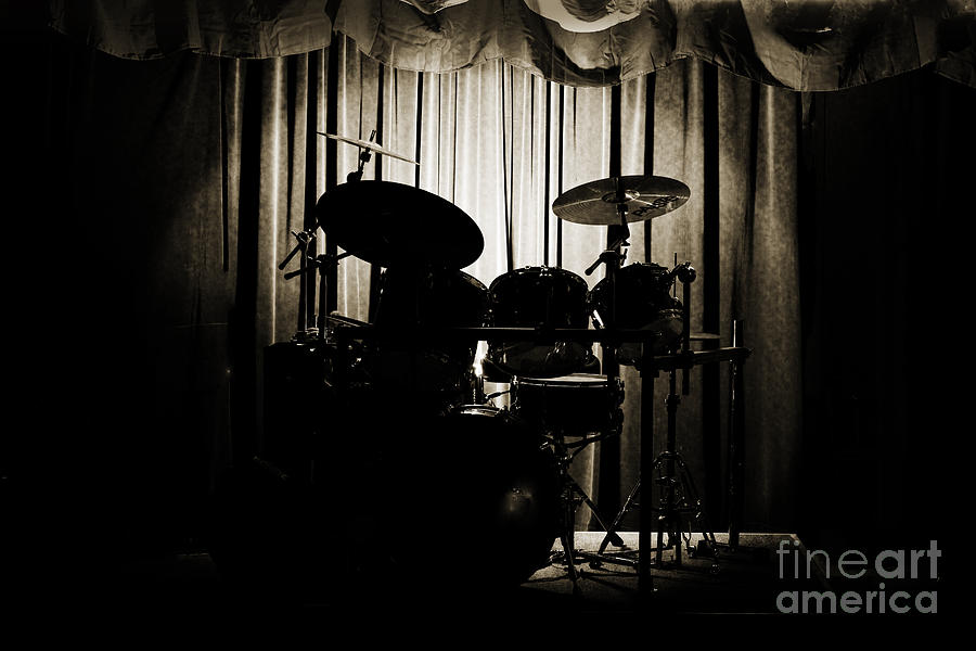 Rock And Roll Photograph - Drum Set On Stage Photograph Combo Jazz Sepia 3234.01 by M K Miller