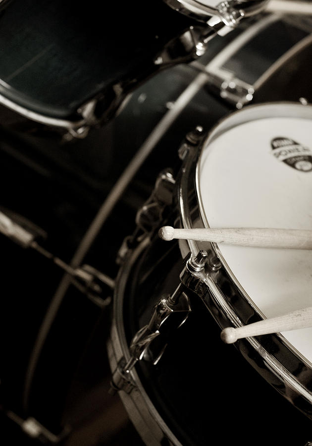 Drum Photograph - Drum Sticks with Snare Drum Sepia by Rebecca Brittain