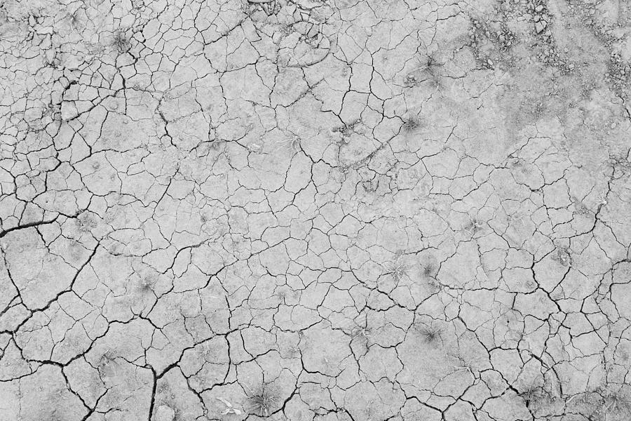 Dry and cracked soil ground during drought, viewed from above in black and white Photograph by Tuomas Lehtinen