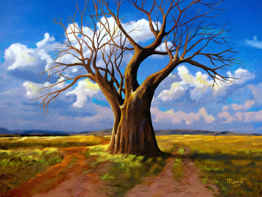 Nature Painting - Dry tree and two Roads by Anthony Mwangi