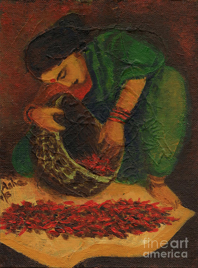 Drying chillies Painting by Asha Sudhaker Shenoy