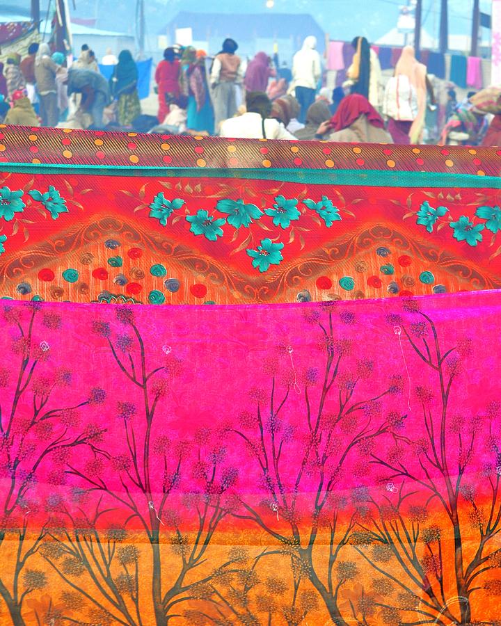 Landscape Photograph - Drying the Saris - Kumbhla Mela - Allahabad India by Kim Bemis
