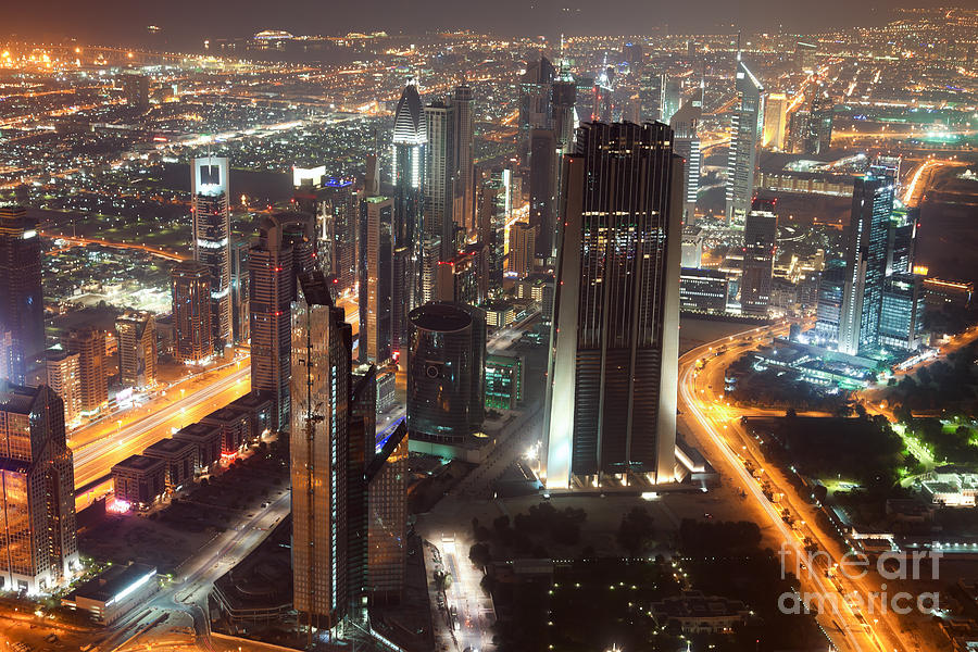 Architecture Photograph - Dubai aerial city Skyline at night by Fototrav Print