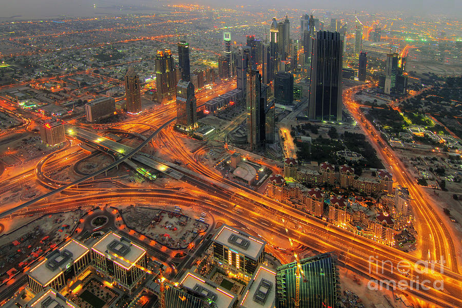Transportation Photograph - Dubai Areal View at Night by Lars Ruecker