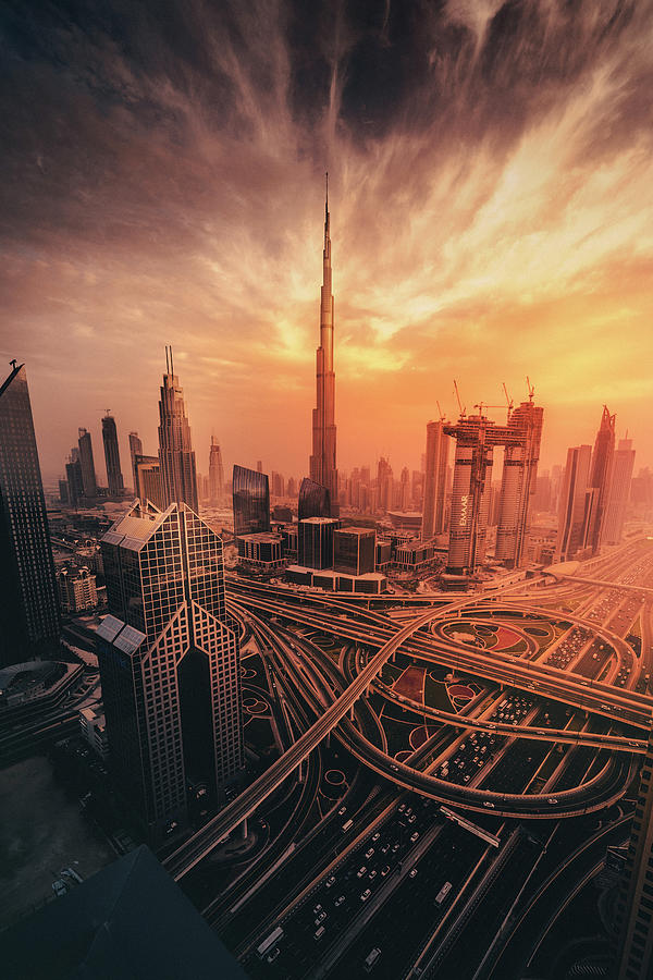 Architecture Photograph - Dubais Fiery Sunset by David George