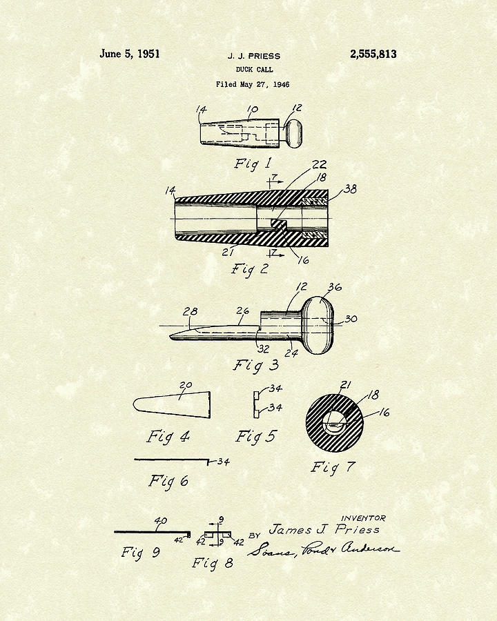 Duck Call 1951 Patent Art Drawing by Prior Art Design