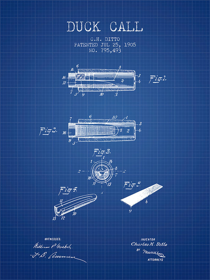 Duck Call Instrument Patent From 1905 - Blueprint Digital Art