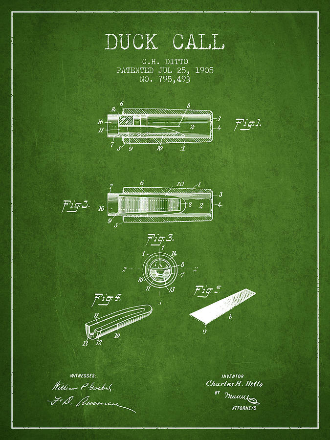 Vintage Digital Art - Duck Call Instrument Patent from 1905 - Green by Aged Pixel