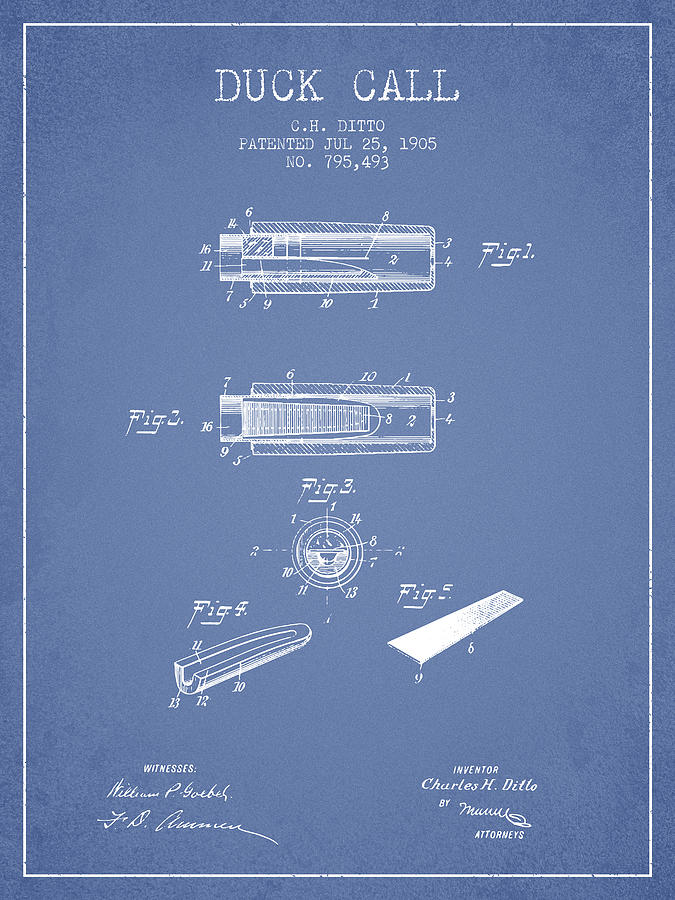 Duck Call Instrument Patent From 1905 - Light Blue Digital Art
