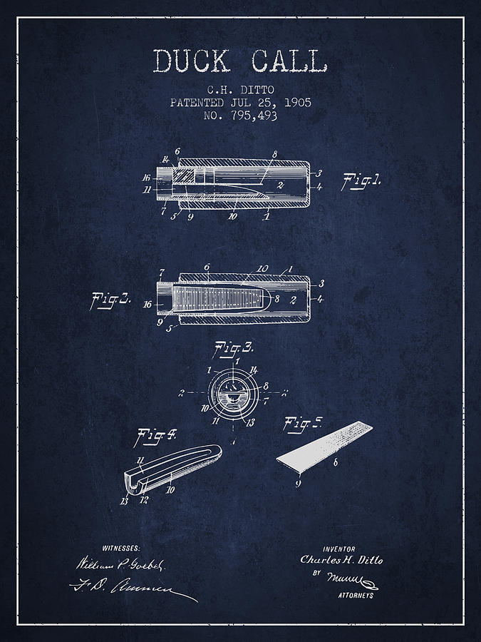 Vintage Digital Art - Duck Call Instrument Patent from 1905 - Navy Blue by Aged Pixel