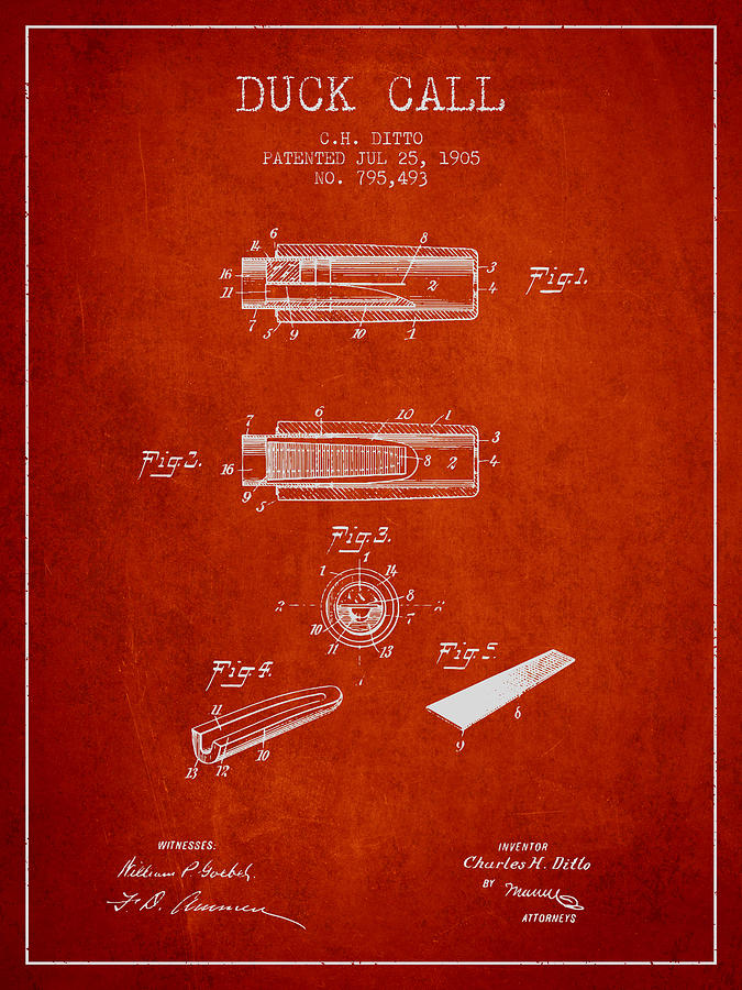 Duck Call Instrument Patent From 1905 - Red Digital Art