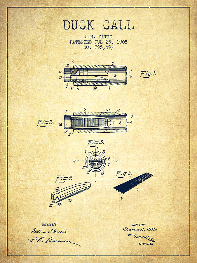 Vintage Digital Art - Duck Call Instrument Patent from 1905 - Vintage by Aged Pixel