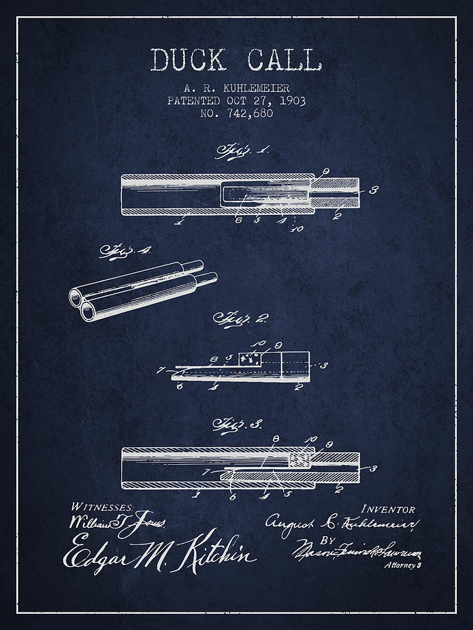 Duck Call Patent From 1903 - Navy Blue Digital Art