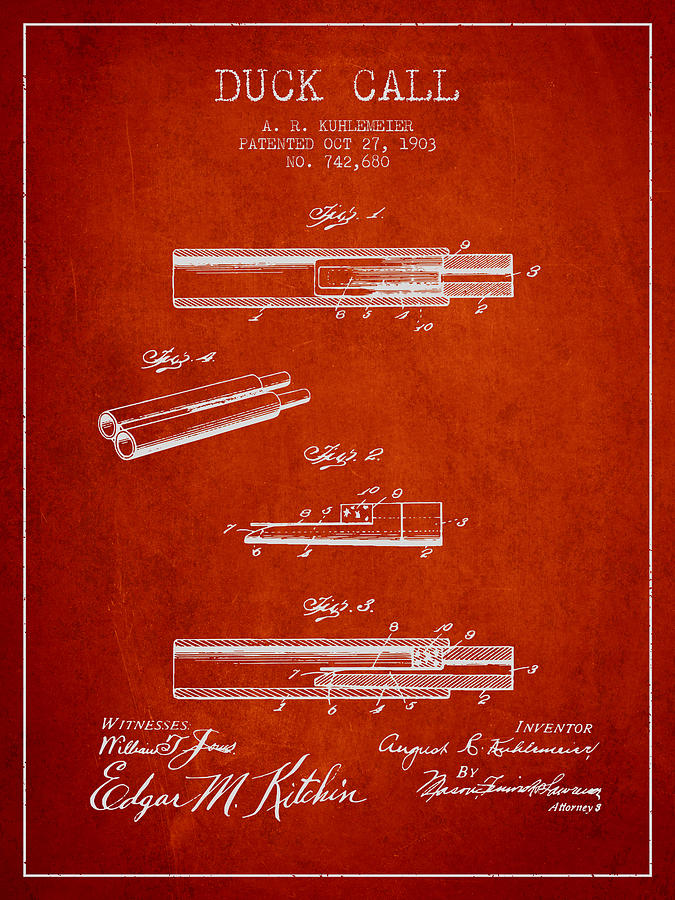 Vintage Digital Art - Duck Call Patent from 1903 - Red by Aged Pixel