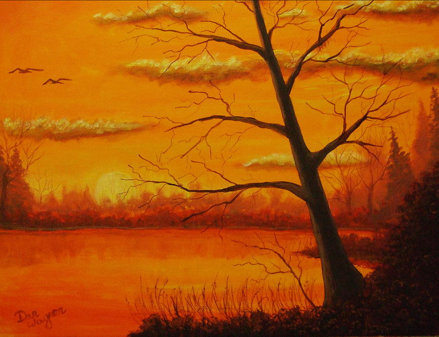 Duck sunset Painting by Dan Wagner