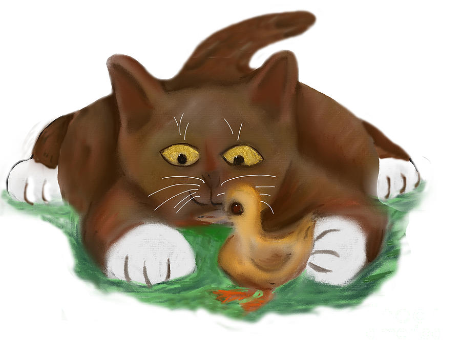 Spring Digital Art - Duckling and Brown Tuxedo Kitten by Ellen Miffitt